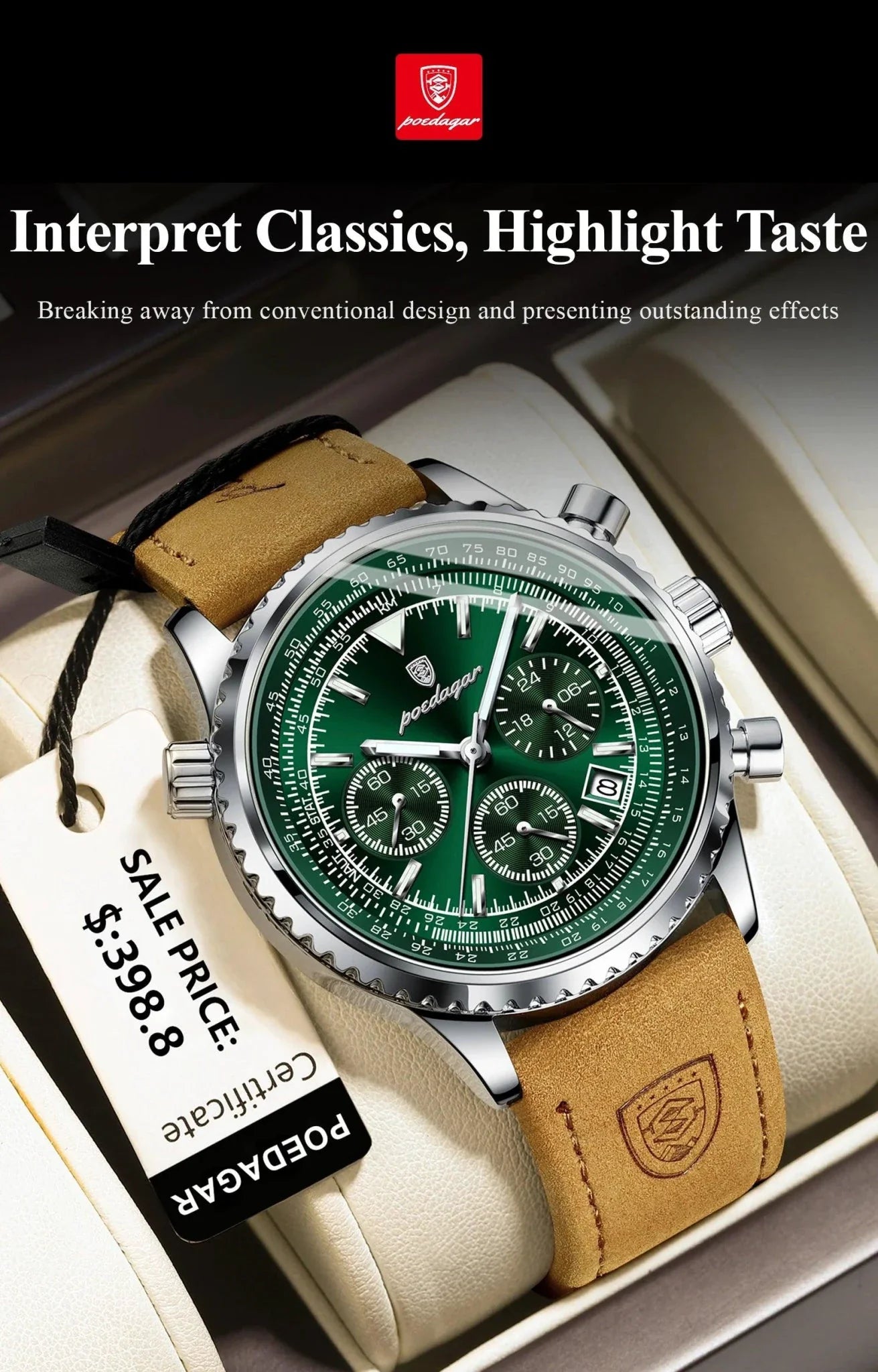 POEDAGAR Men's Luxury Quartz Chronograph Watch - Waterproof Leather