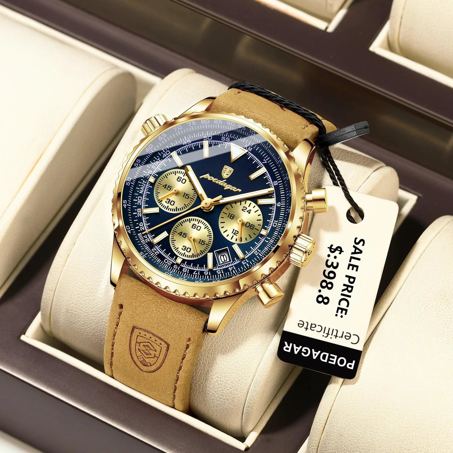 POEDAGAR Men's Luxury Quartz Chronograph Watch - Waterproof Leather