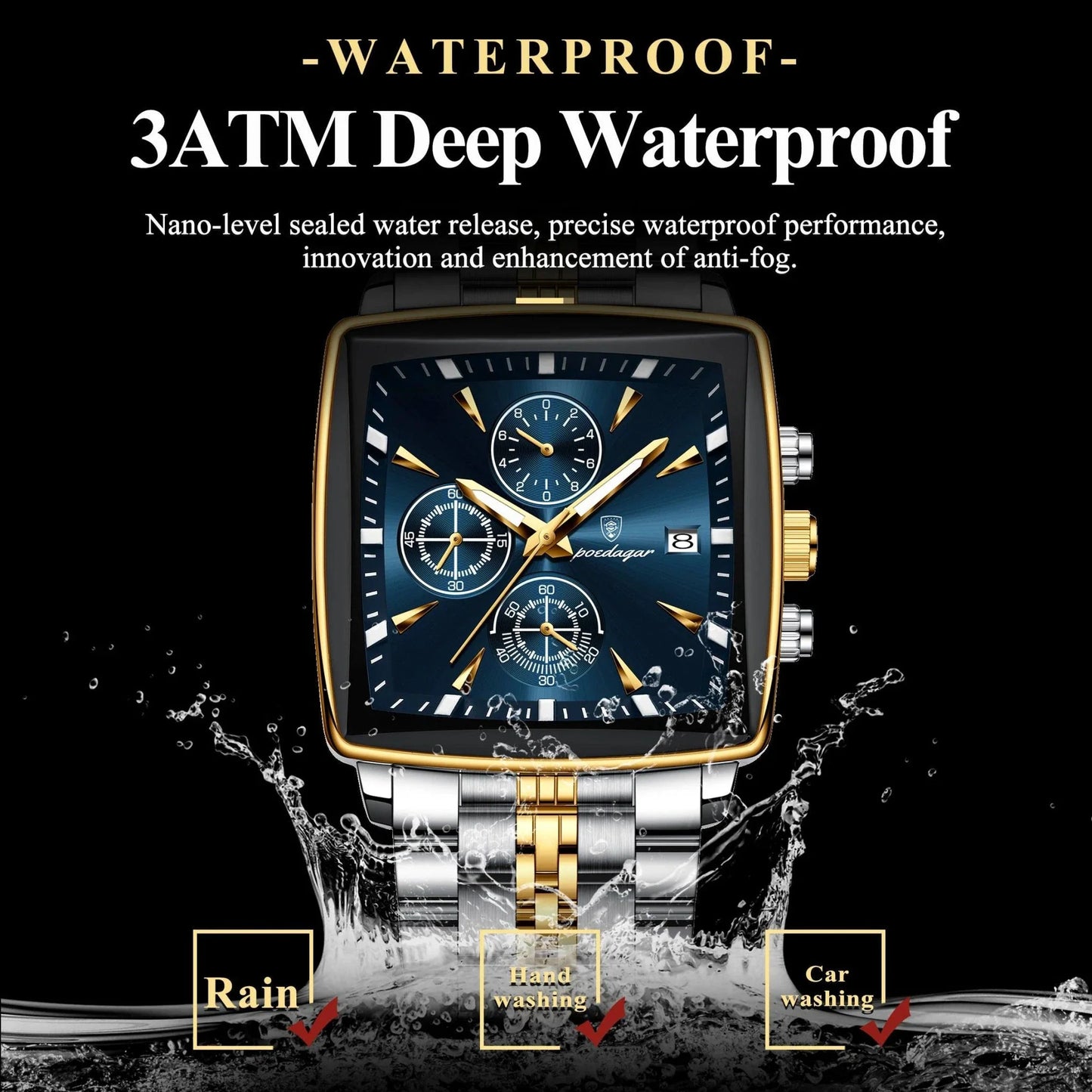 Montre Chronographe Carrée pour Homme POEDAGAR - Étanche Lumineuse