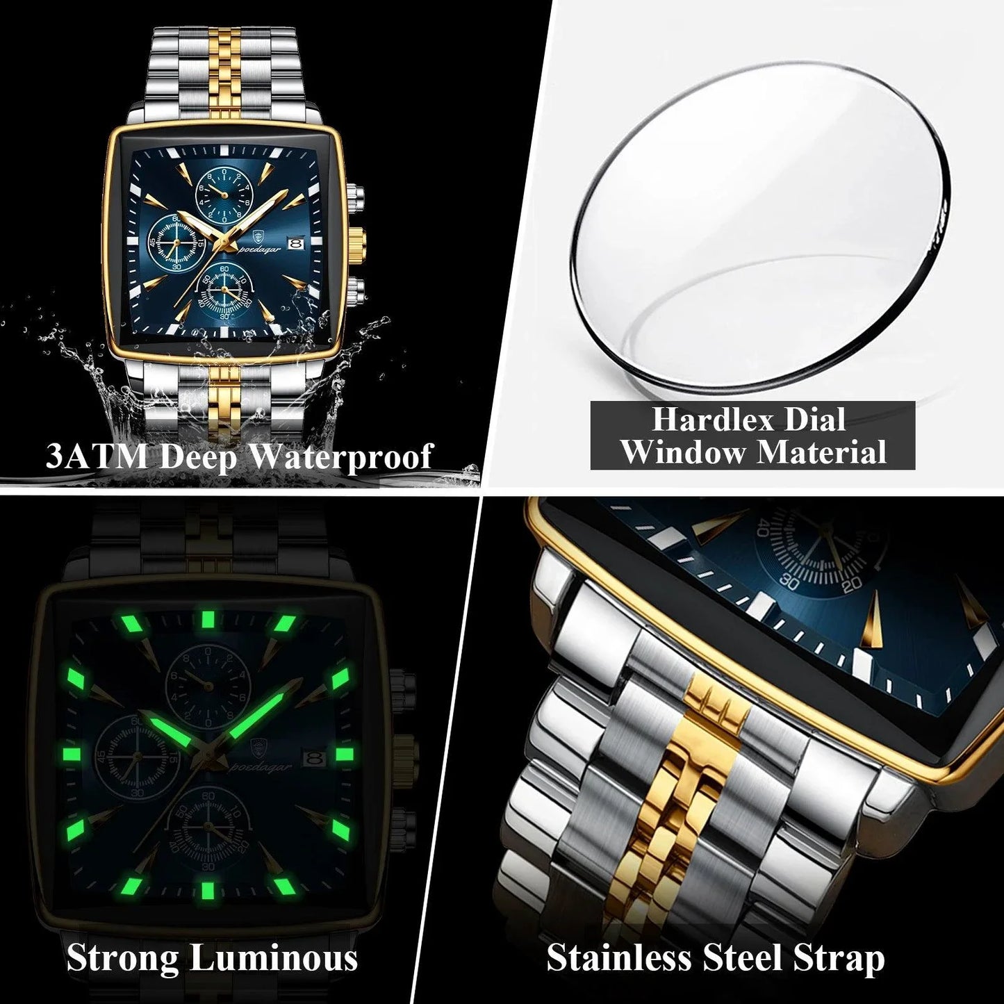 Montre Chronographe Carrée pour Homme POEDAGAR - Étanche Lumineuse