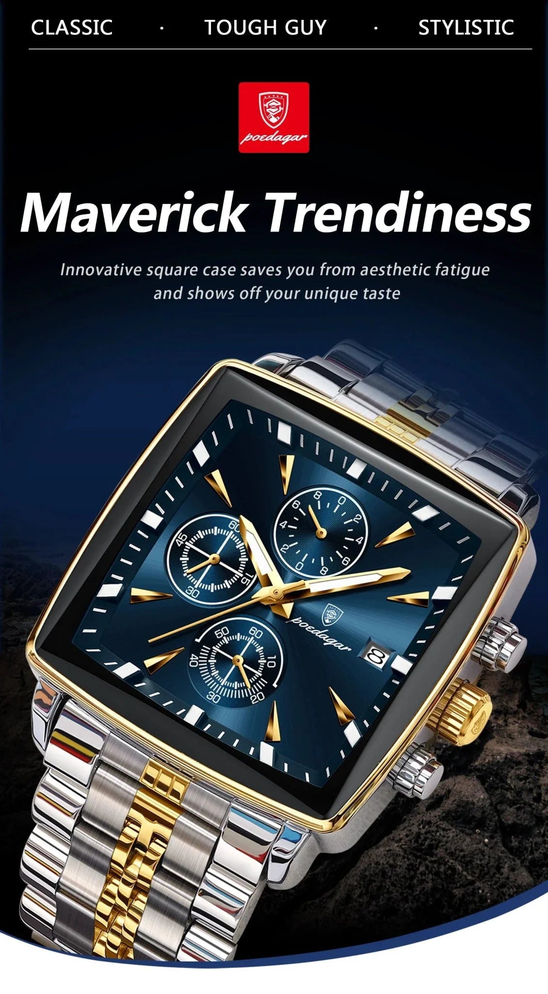 Montre Chronographe Carrée pour Homme POEDAGAR - Étanche Lumineuse