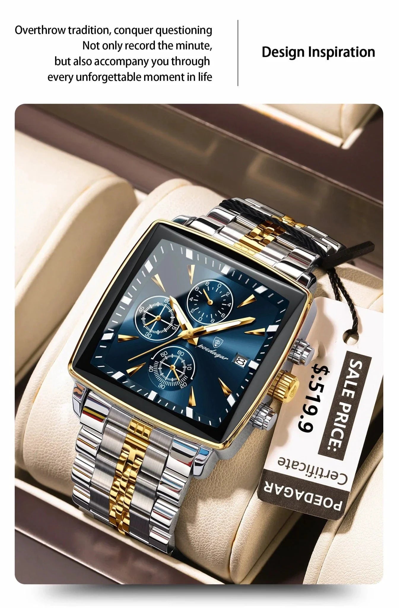 Montre Chronographe Carrée pour Homme POEDAGAR - Étanche Lumineuse