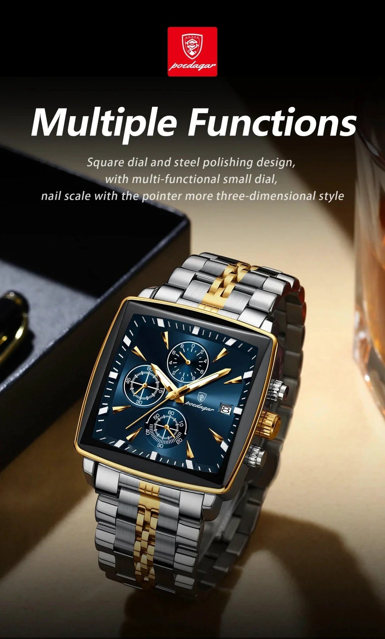 Montre Chronographe Carrée pour Homme POEDAGAR - Étanche Lumineuse