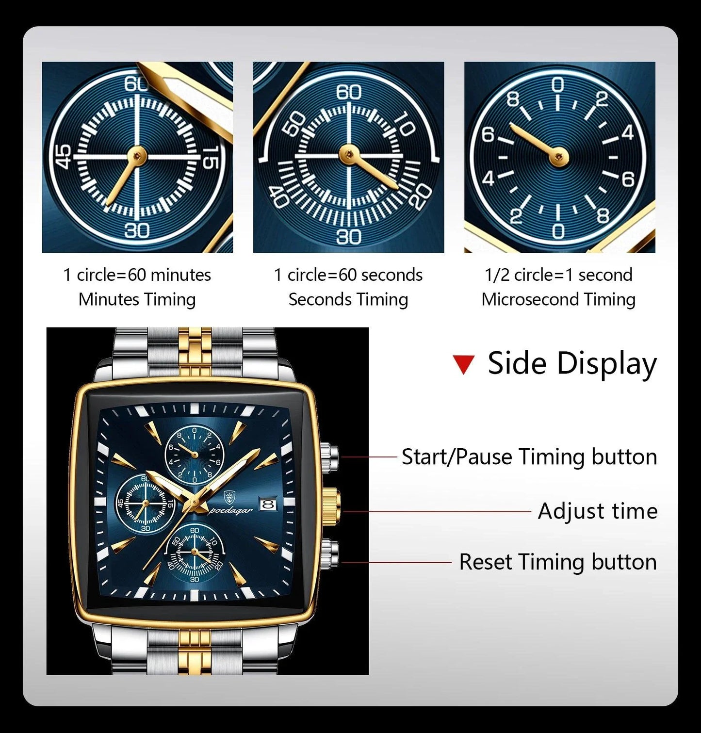 Montre Chronographe Carrée pour Homme POEDAGAR - Étanche Lumineuse