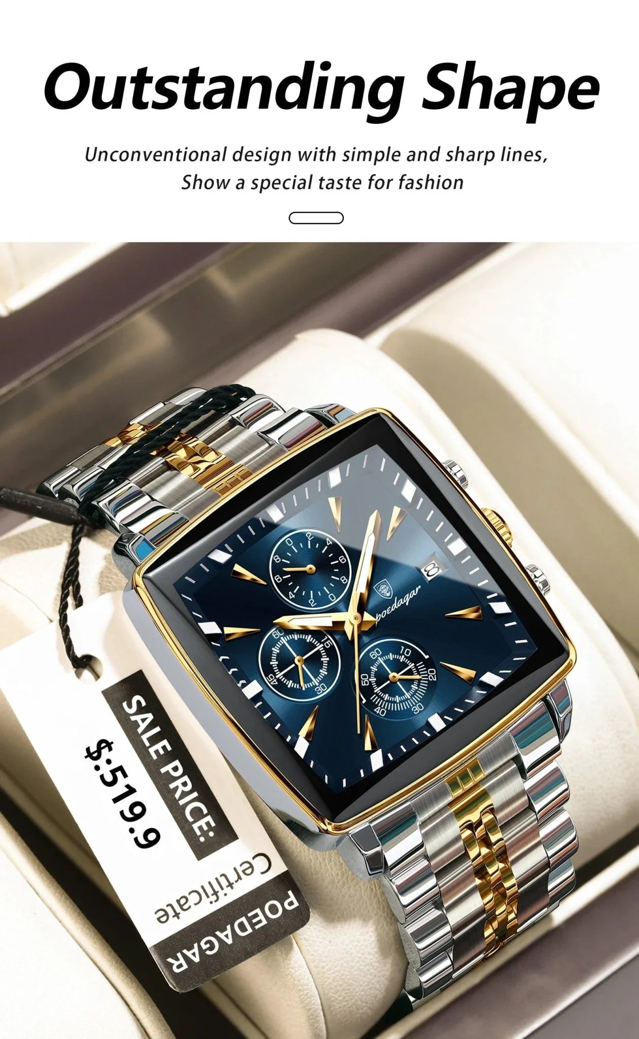 Montre Chronographe Carrée pour Homme POEDAGAR - Étanche Lumineuse