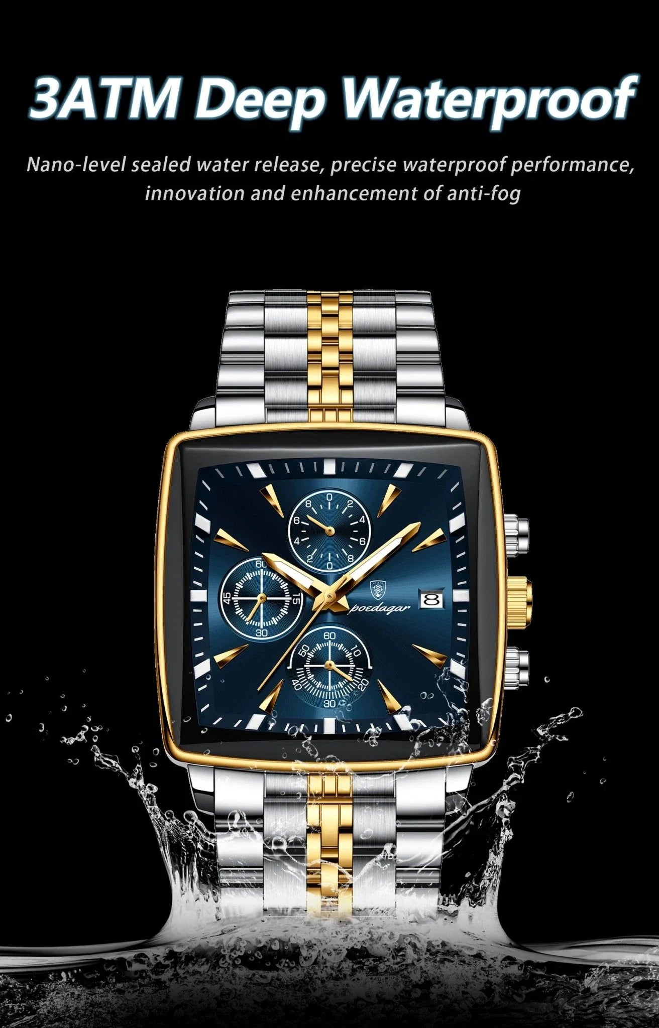 Montre Chronographe Carrée pour Homme POEDAGAR - Étanche Lumineuse