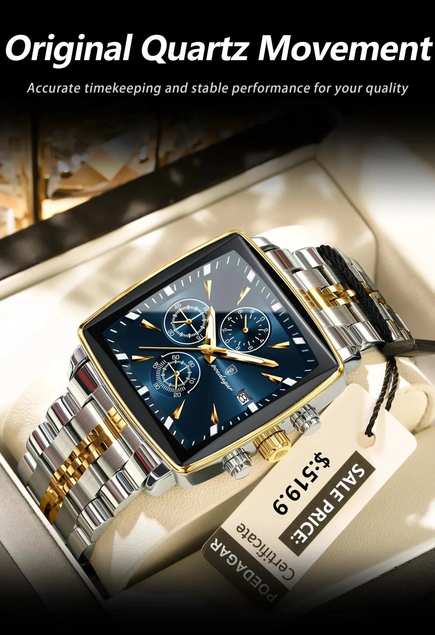 Montre Chronographe Carrée pour Homme POEDAGAR - Étanche Lumineuse