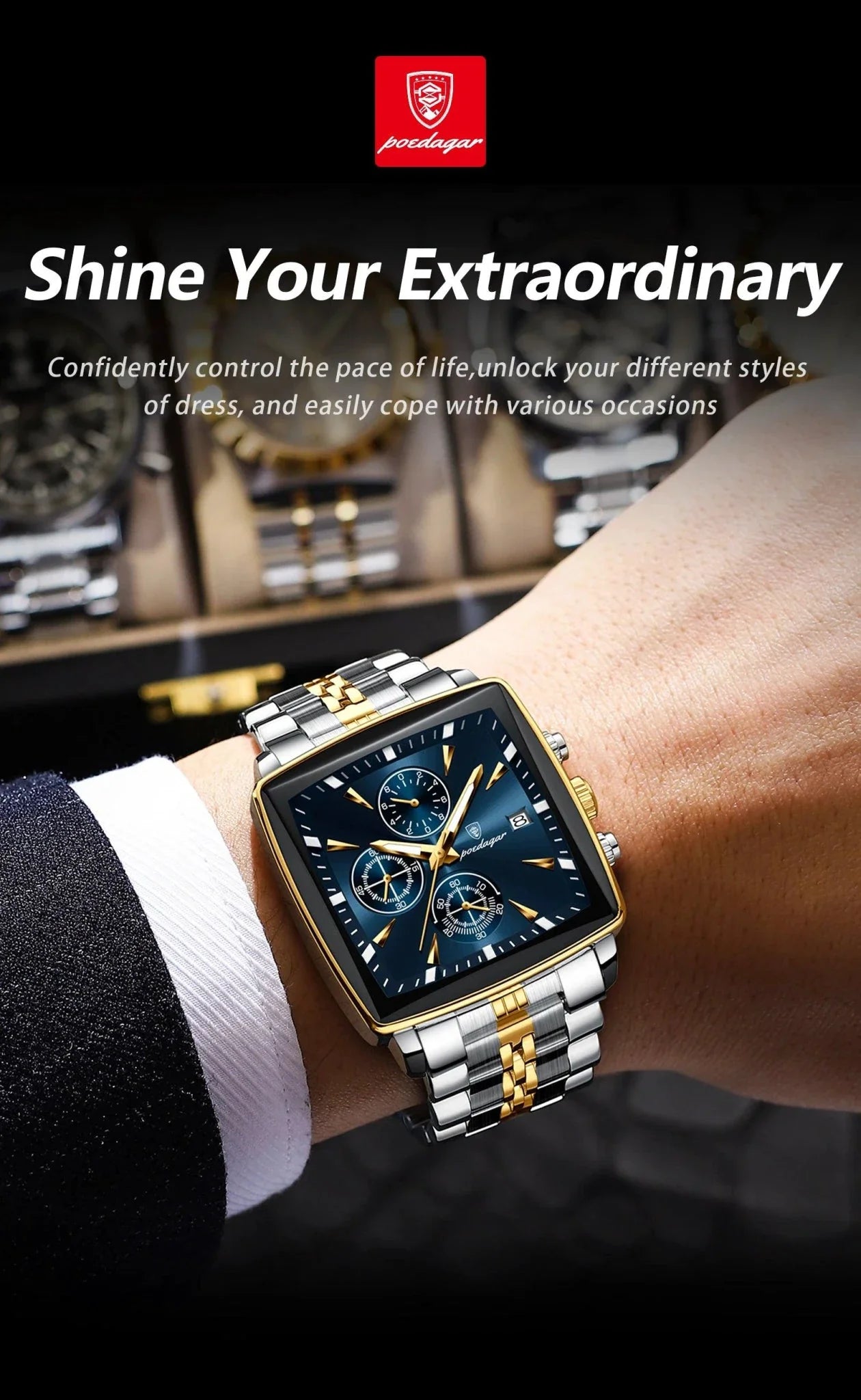 Montre Chronographe Carrée pour Homme POEDAGAR - Étanche Lumineuse