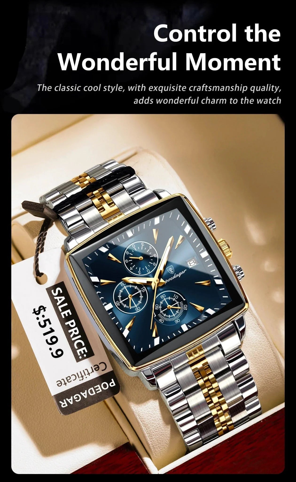 Montre Chronographe Carrée pour Homme POEDAGAR - Étanche Lumineuse