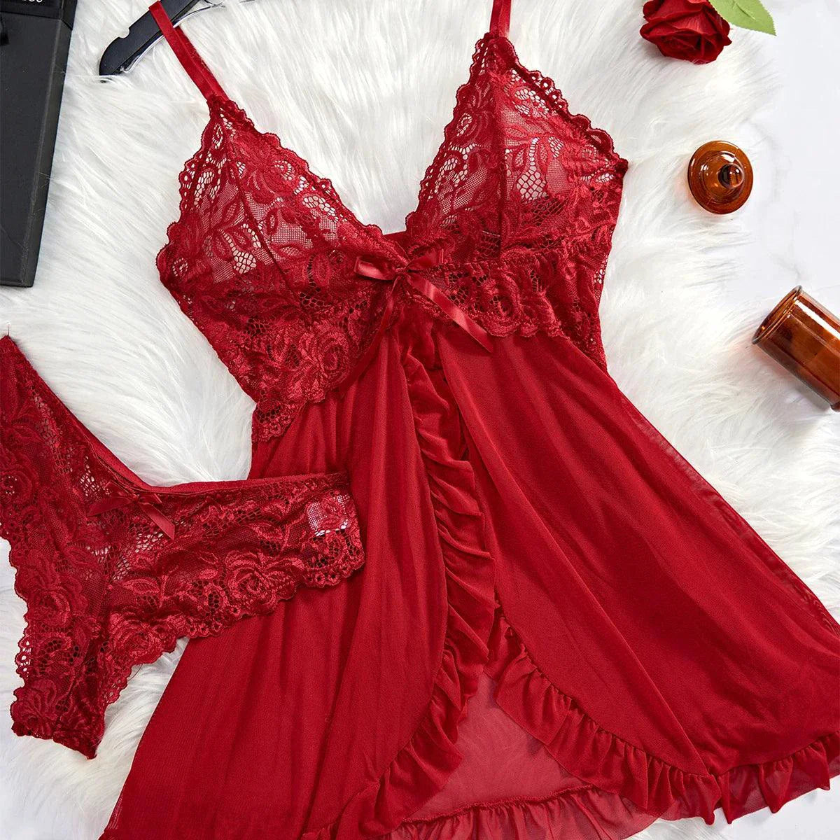 Elegant Lace Nightdress & Panty Set - Red Sleepwear for Women