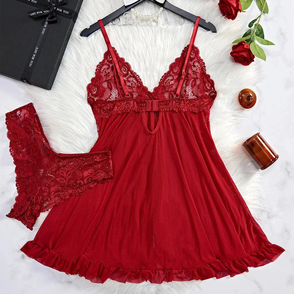Elegant Lace Nightdress & Panty Set - Red Sleepwear for Women