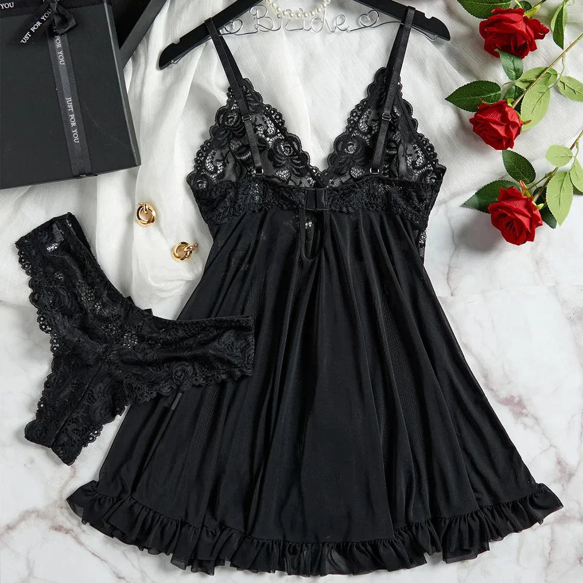 Elegant Lace Nightdress & Panty Set - Red Sleepwear for Women