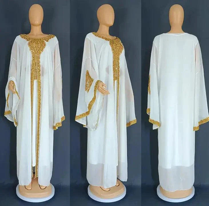 Elegant Two-Piece Gold Embroidered Kaftan Abaya Set