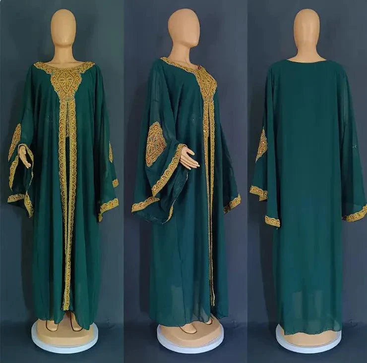 Elegant Two-Piece Gold Embroidered Kaftan Abaya Set
