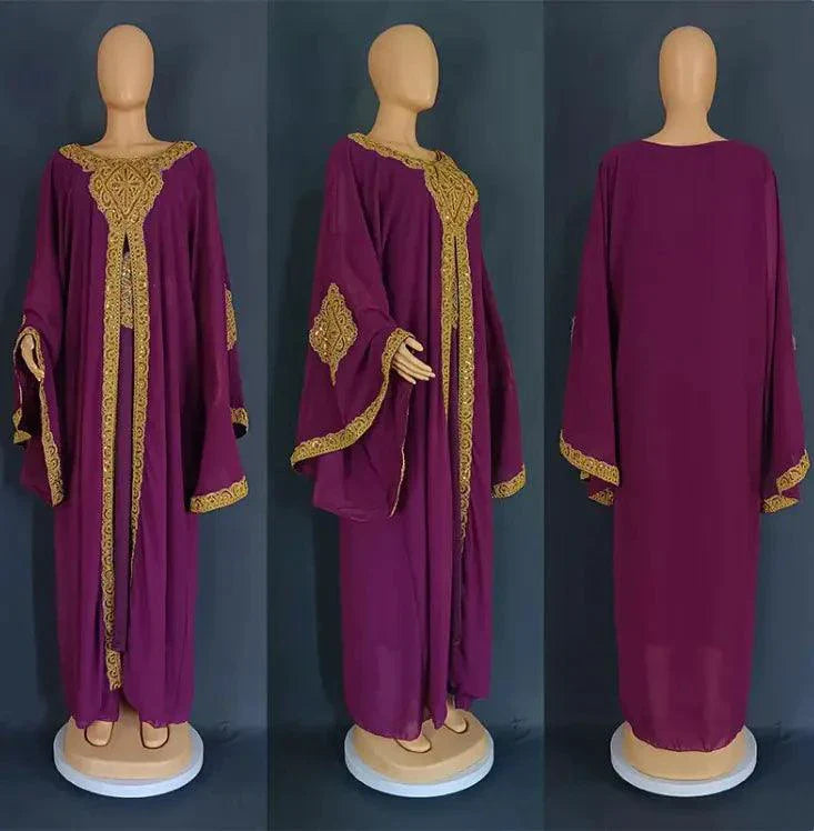Elegant Two-Piece Gold Embroidered Kaftan Abaya Set