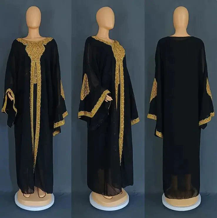 Elegant Two-Piece Gold Embroidered Kaftan Abaya Set