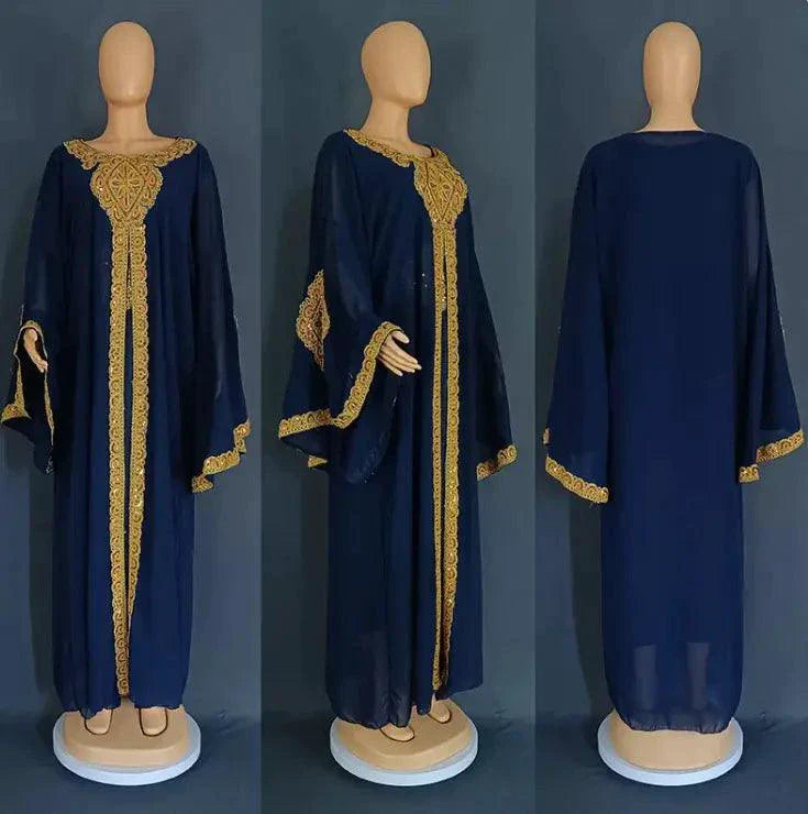 Elegant Two-Piece Gold Embroidered Kaftan Abaya Set