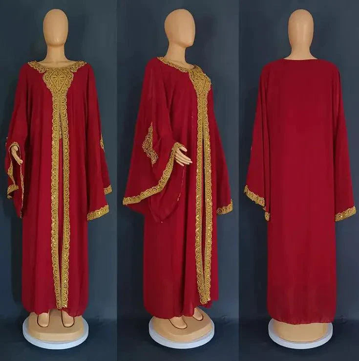 Elegant Two-Piece Gold Embroidered Kaftan Abaya Set