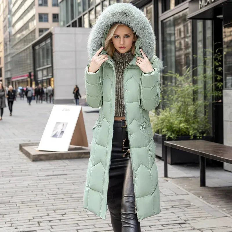 Manteau d'hiver long élégant avec col en fourrure épaisse