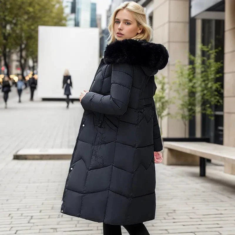 Manteau d'hiver long élégant avec col en fourrure épaisse