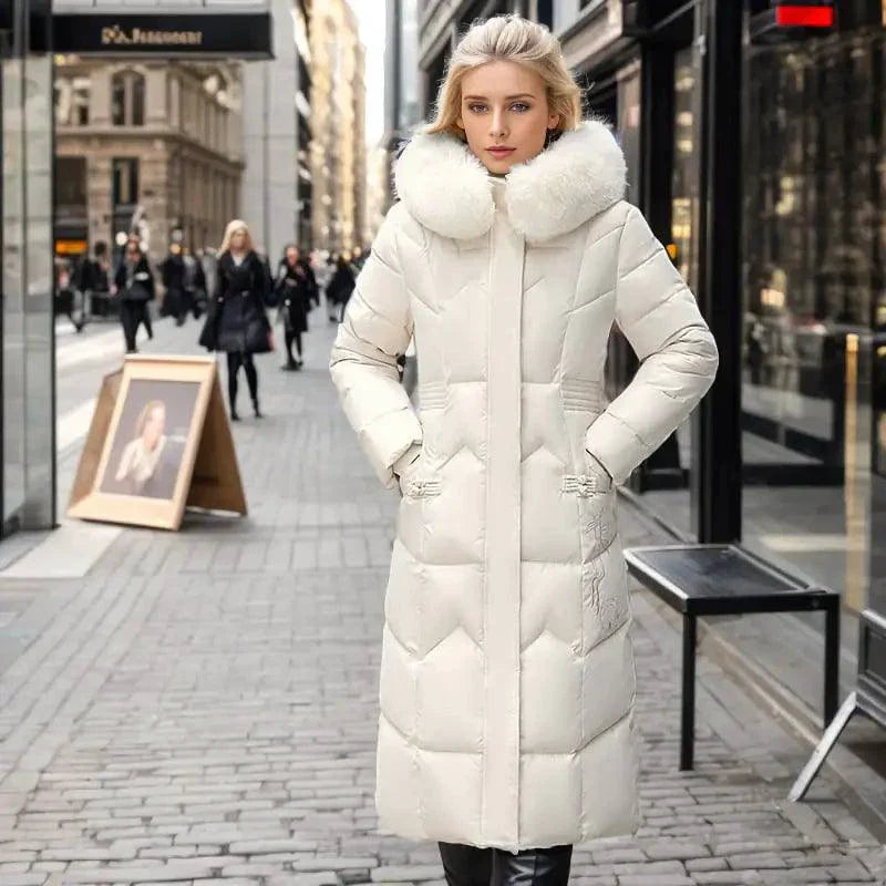 Manteau d'hiver long élégant avec col en fourrure épaisse