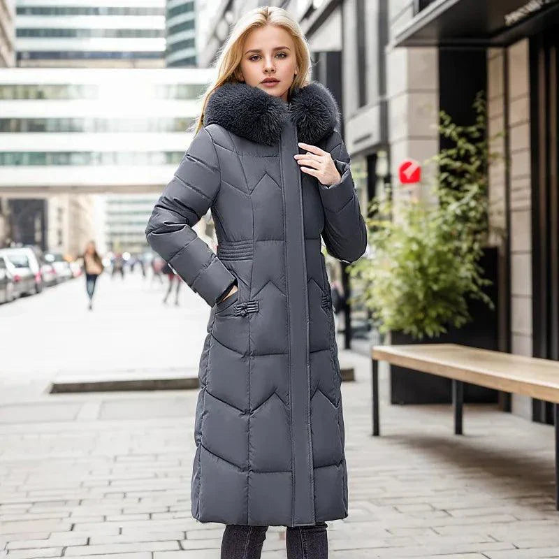 Manteau d'hiver long élégant avec col en fourrure épaisse