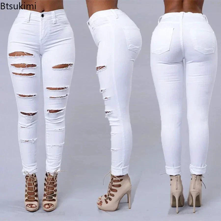 Jeans en denim déchirés skinny taille haute pour femmes
