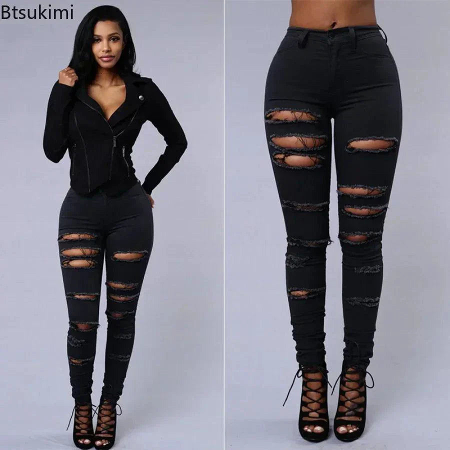 Jeans en denim déchirés skinny taille haute pour femmes