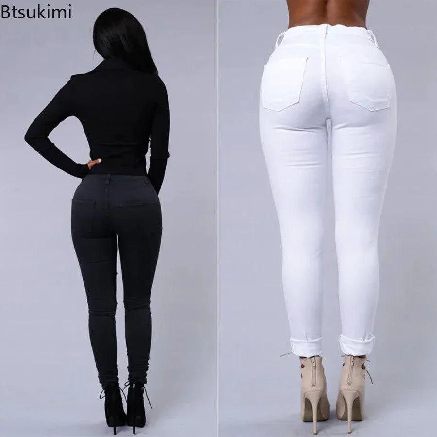 Jeans en denim déchirés skinny taille haute pour femmes