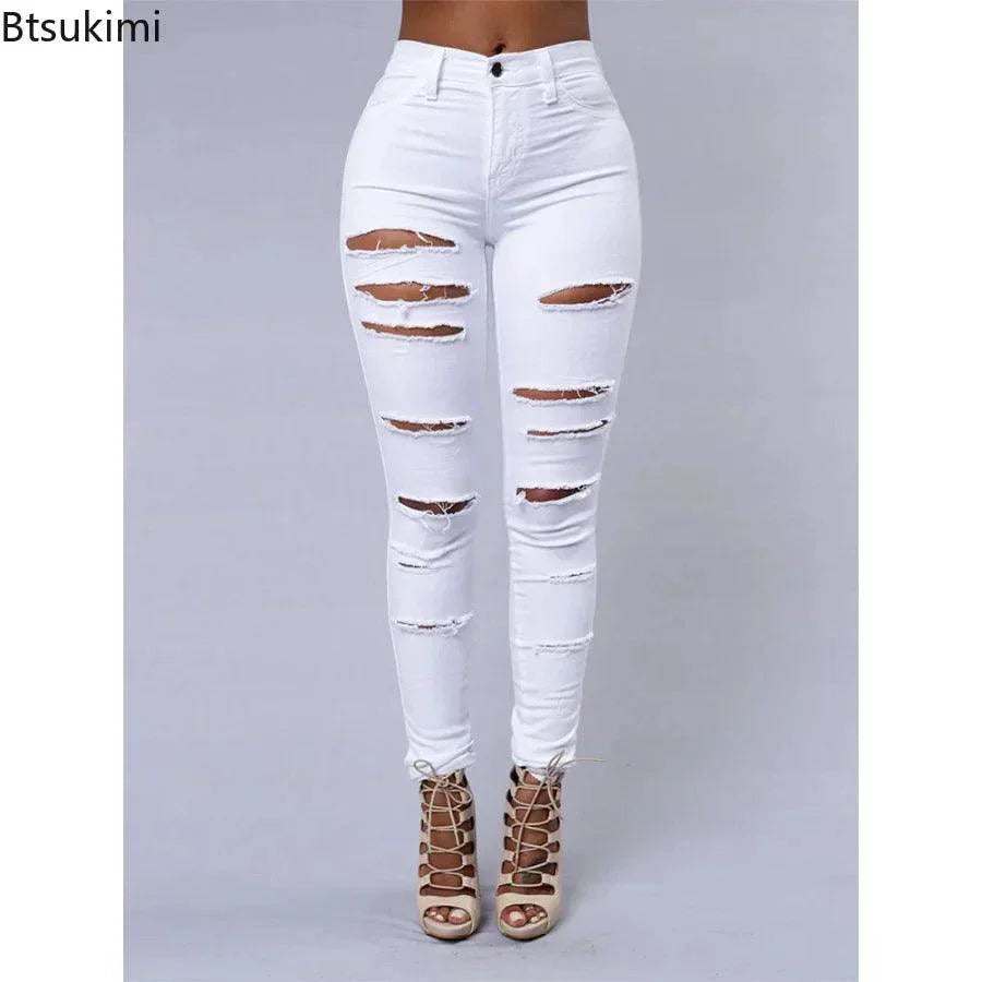 Jeans en denim déchirés skinny taille haute pour femmes