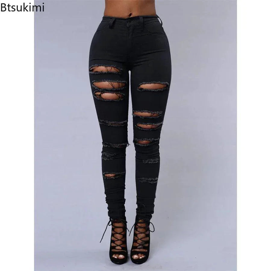 Jeans en denim déchirés skinny taille haute pour femmes