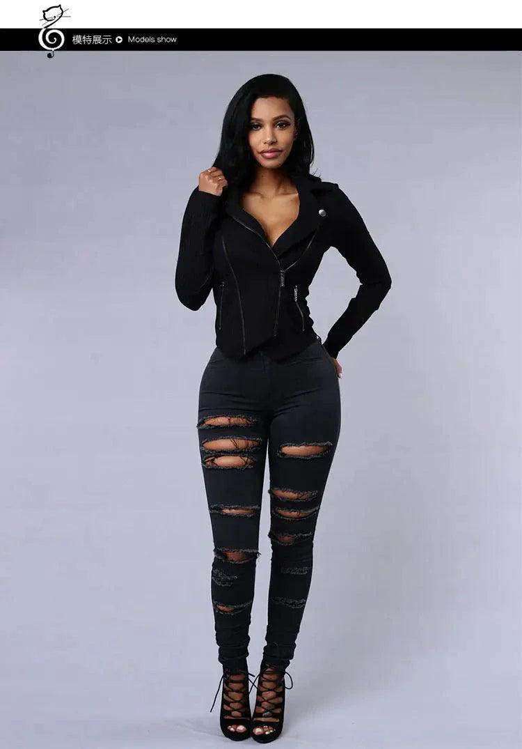 Jeans en denim déchirés skinny taille haute pour femmes