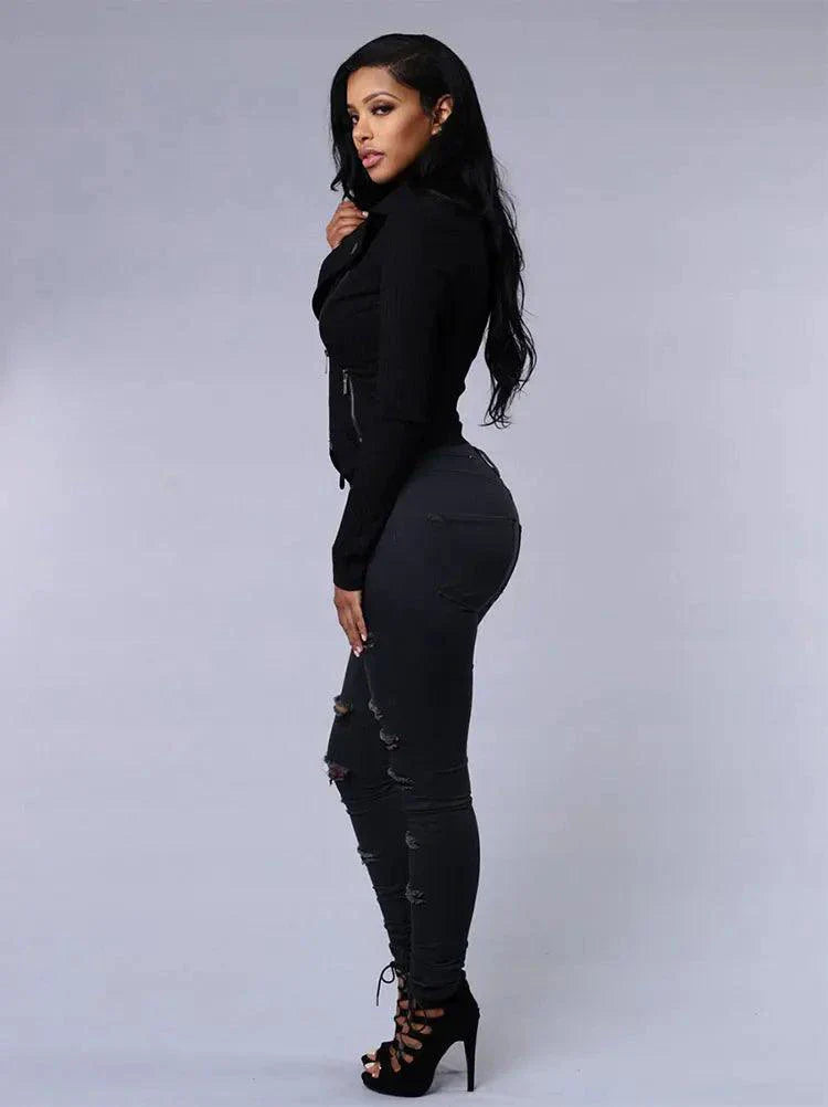 Jeans en denim déchirés skinny taille haute pour femmes