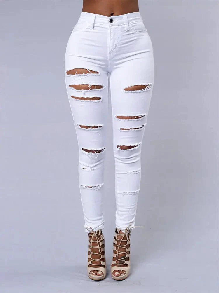Jeans en denim déchirés skinny taille haute pour femmes
