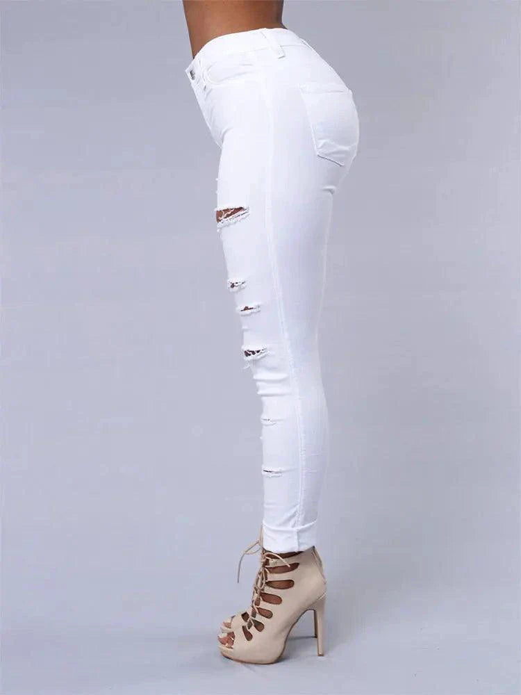 Jeans en denim déchirés skinny taille haute pour femmes