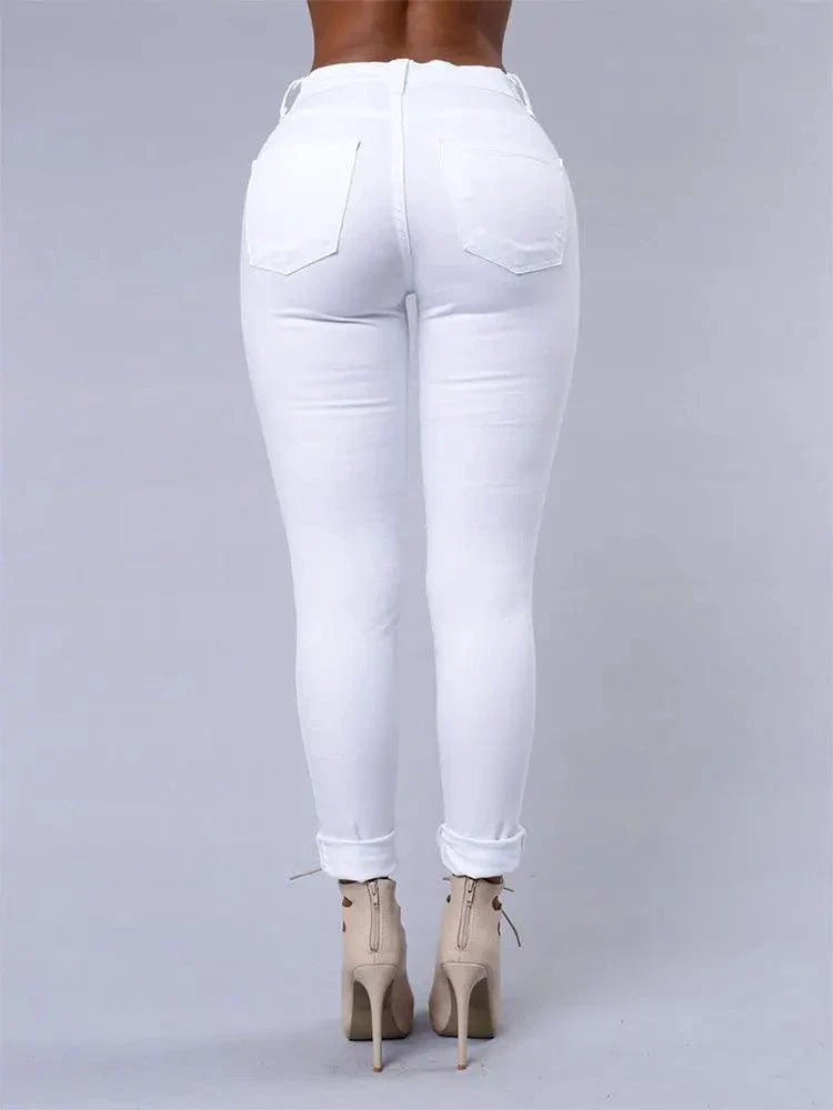 Jeans en denim déchirés skinny taille haute pour femmes