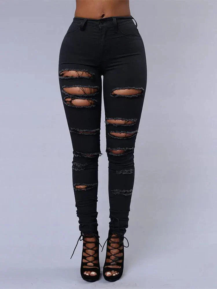 Jeans en denim déchirés skinny taille haute pour femmes
