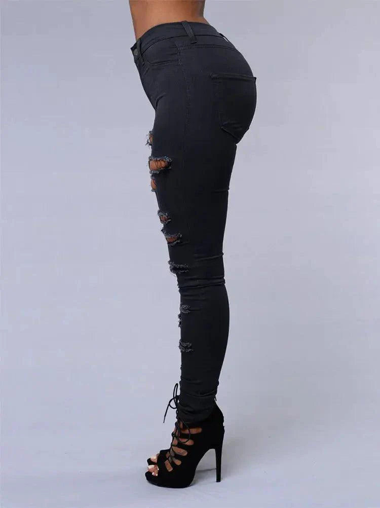 Jeans en denim déchirés skinny taille haute pour femmes