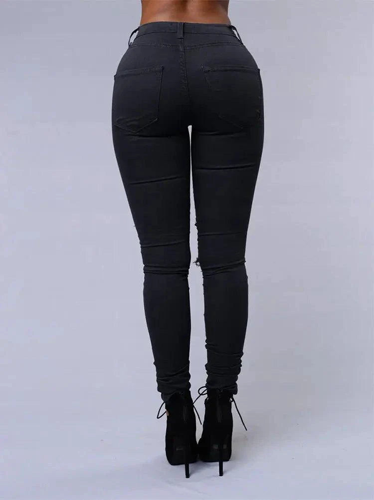 Jeans en denim déchirés skinny taille haute pour femmes