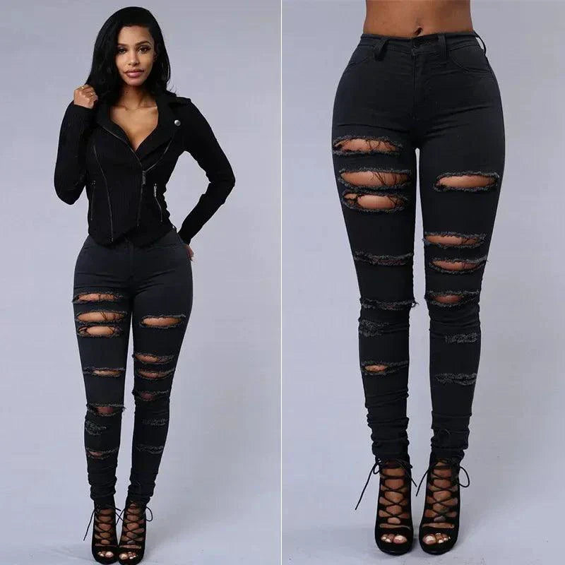 Jeans en denim déchirés skinny taille haute pour femmes