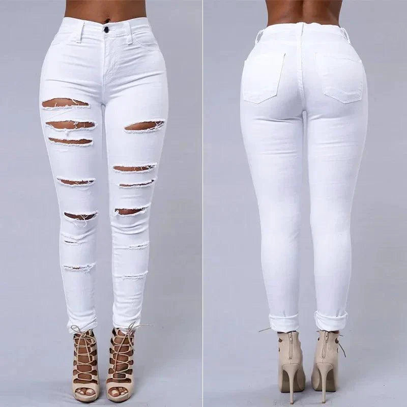 Jeans en denim déchirés skinny taille haute pour femmes