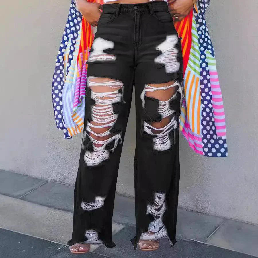 Burnt Flower High Waist Jeans - Trendy Women's Casual Denim Trousers
