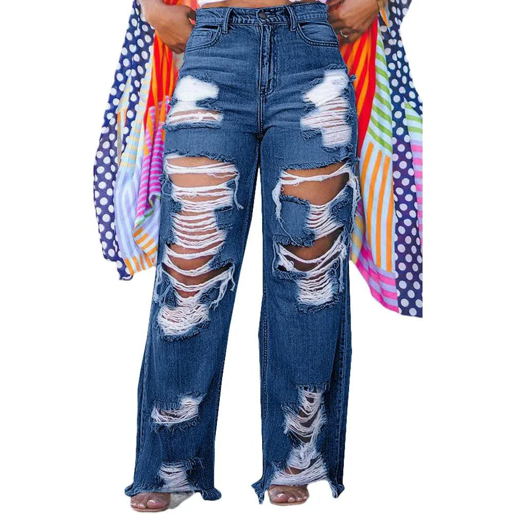 Burnt Flower High Waist Jeans - Trendy Women's Casual Denim Trousers