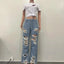 Burnt Flower High Waist Jeans - Trendy Women's Casual Denim Trousers