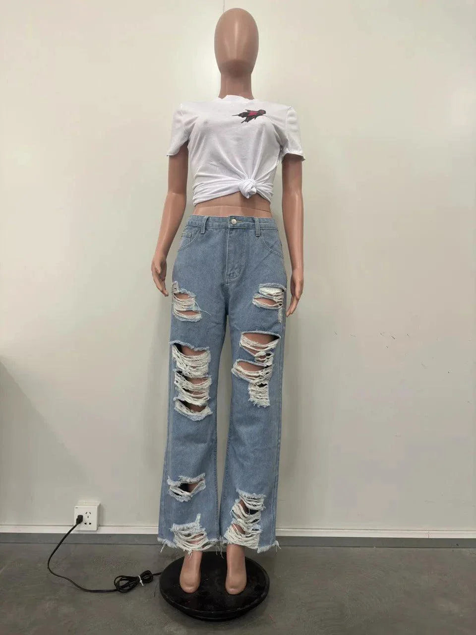 Burnt Flower High Waist Jeans - Trendy Women's Casual Denim Trousers