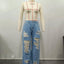 Burnt Flower High Waist Jeans - Trendy Women's Casual Denim Trousers