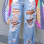 Burnt Flower High Waist Jeans - Trendy Women's Casual Denim Trousers