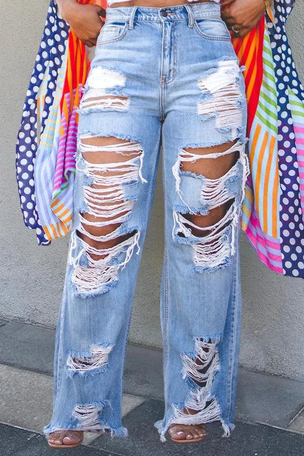 Burnt Flower High Waist Jeans - Trendy Women's Casual Denim Trousers