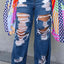 Burnt Flower High Waist Jeans - Trendy Women's Casual Denim Trousers