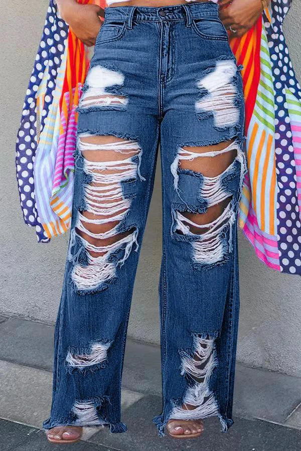 Burnt Flower High Waist Jeans - Trendy Women's Casual Denim Trousers